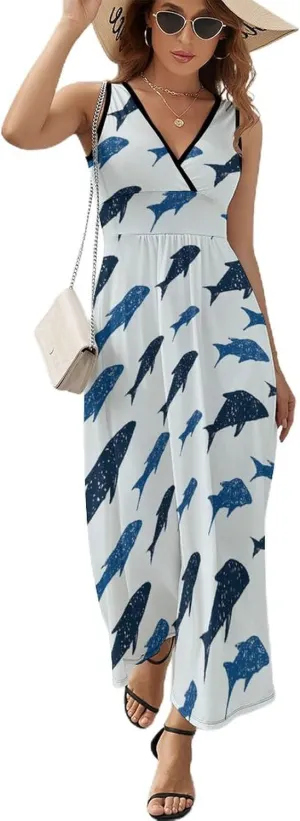 Womens Summer Maxi Dress Ocean Blue Fish Sundress Casual Sleeveless Long Dress