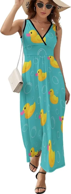 Womens Summer Maxi Dress Rubber Duck Cartoon Sundress Casual Sleeveless Long Dress