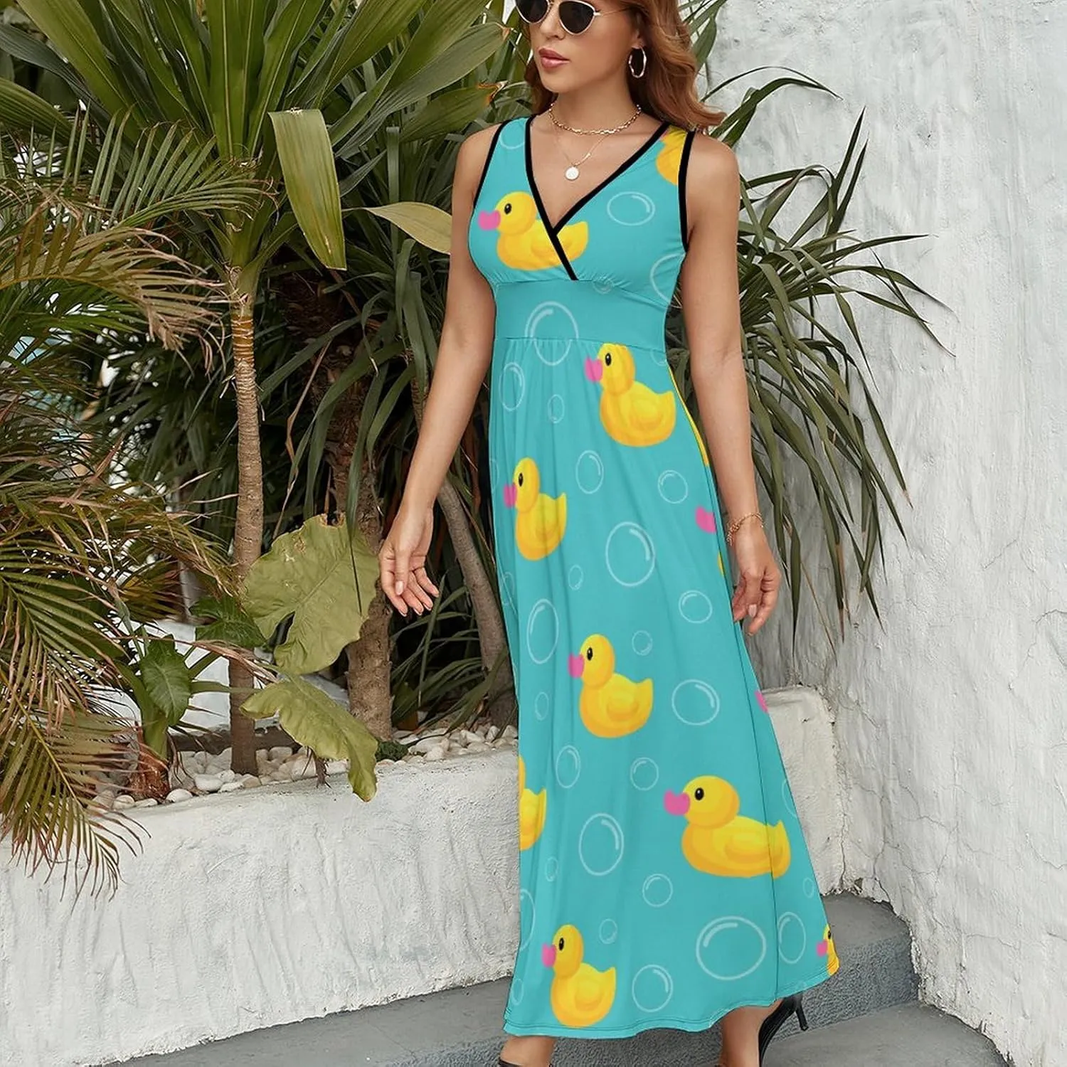 Womens Summer Maxi Dress Rubber Duck Cartoon Sundress Casual Sleeveless Long Dress