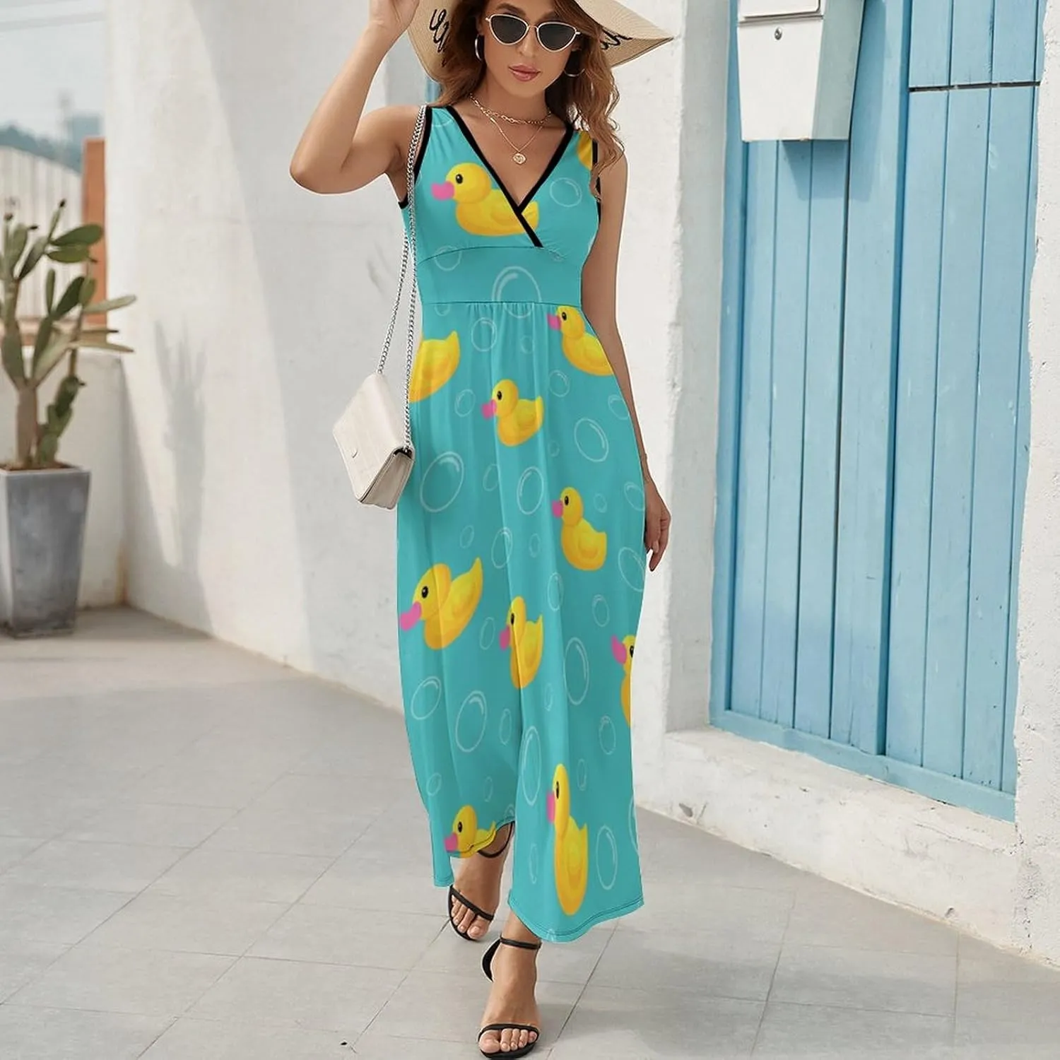 Womens Summer Maxi Dress Rubber Duck Cartoon Sundress Casual Sleeveless Long Dress