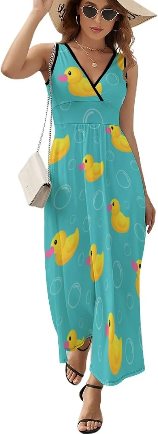 Womens Summer Maxi Dress Rubber Duck Cartoon Sundress Casual Sleeveless Long Dress