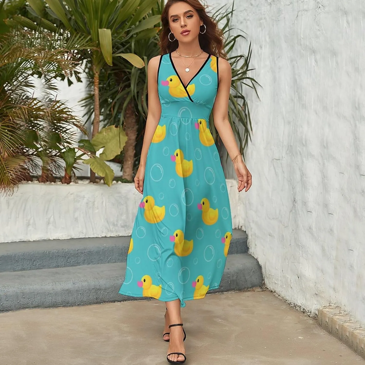 Womens Summer Maxi Dress Rubber Duck Cartoon Sundress Casual Sleeveless Long Dress