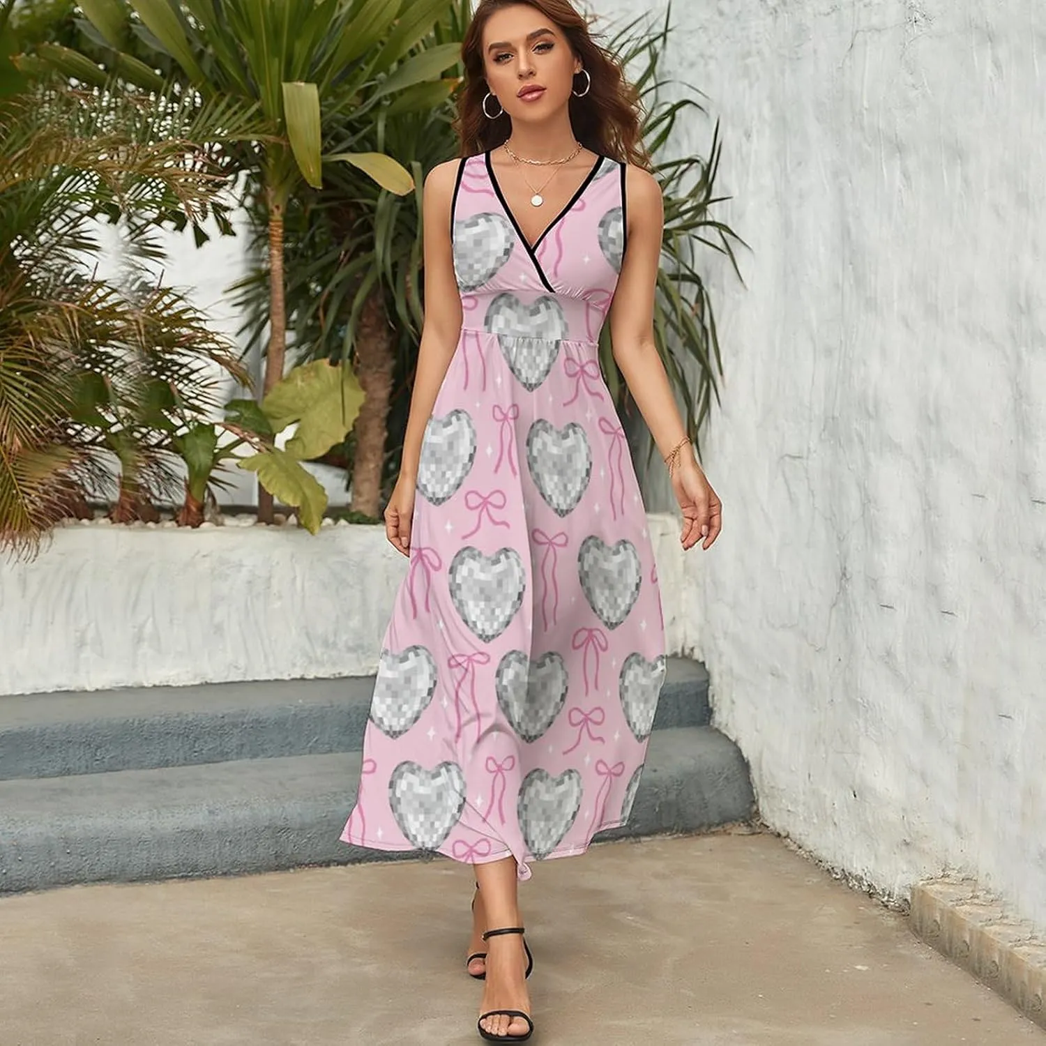 Womens Summer Maxi Dress Silver Heart Disco Balls Sundress Casual Sleeveless Long Dress