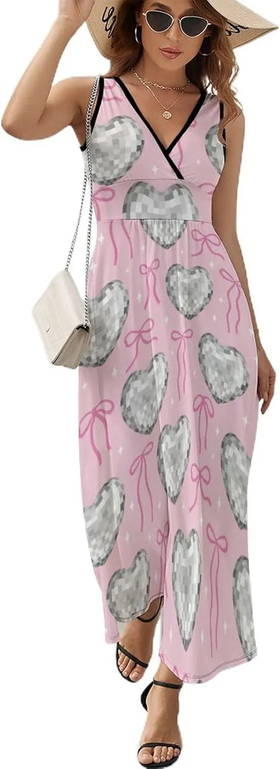 Womens Summer Maxi Dress Silver Heart Disco Balls Sundress Casual Sleeveless Long Dress