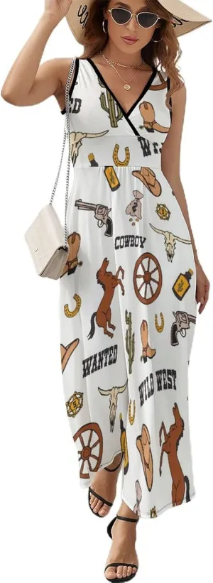 Womens Summer Maxi Dress Wild West Cowboy Sundress Casual Sleeveless Long Dress