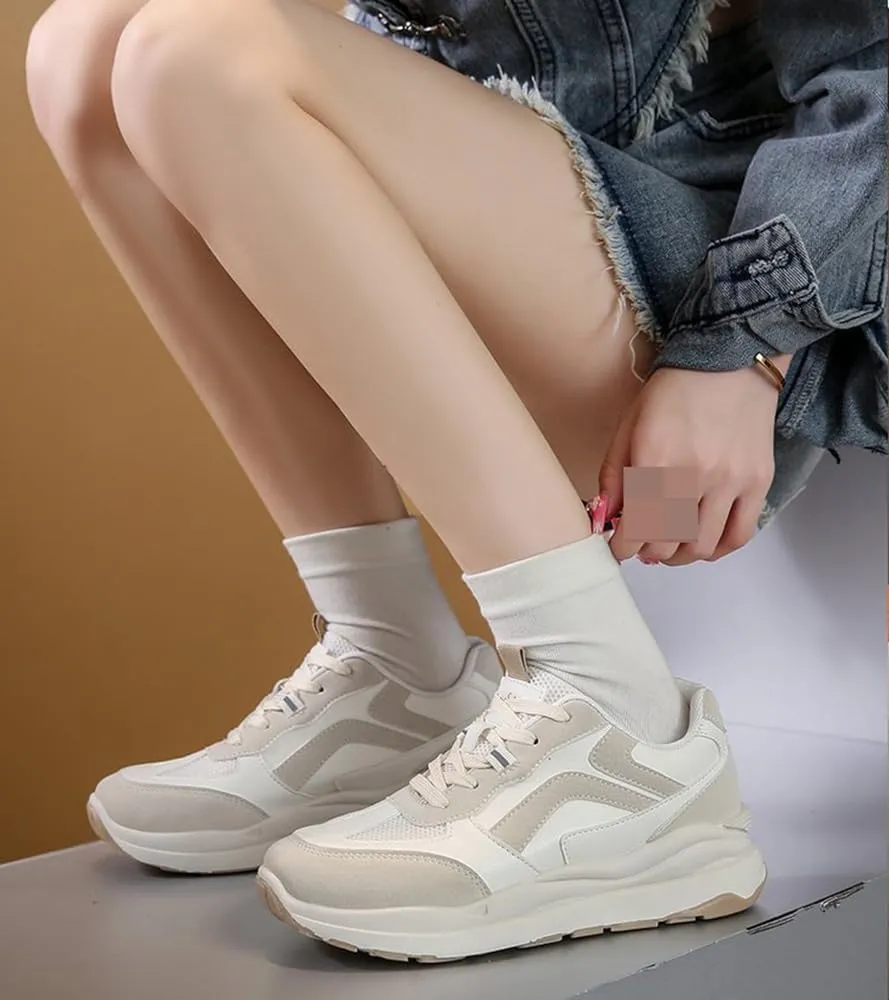 Women's Tennis Shoes Rubber Gum Sole Low Top Lace-Up Walking Shoes Color-Blocked Thick Sole Casual Platform Sneakers