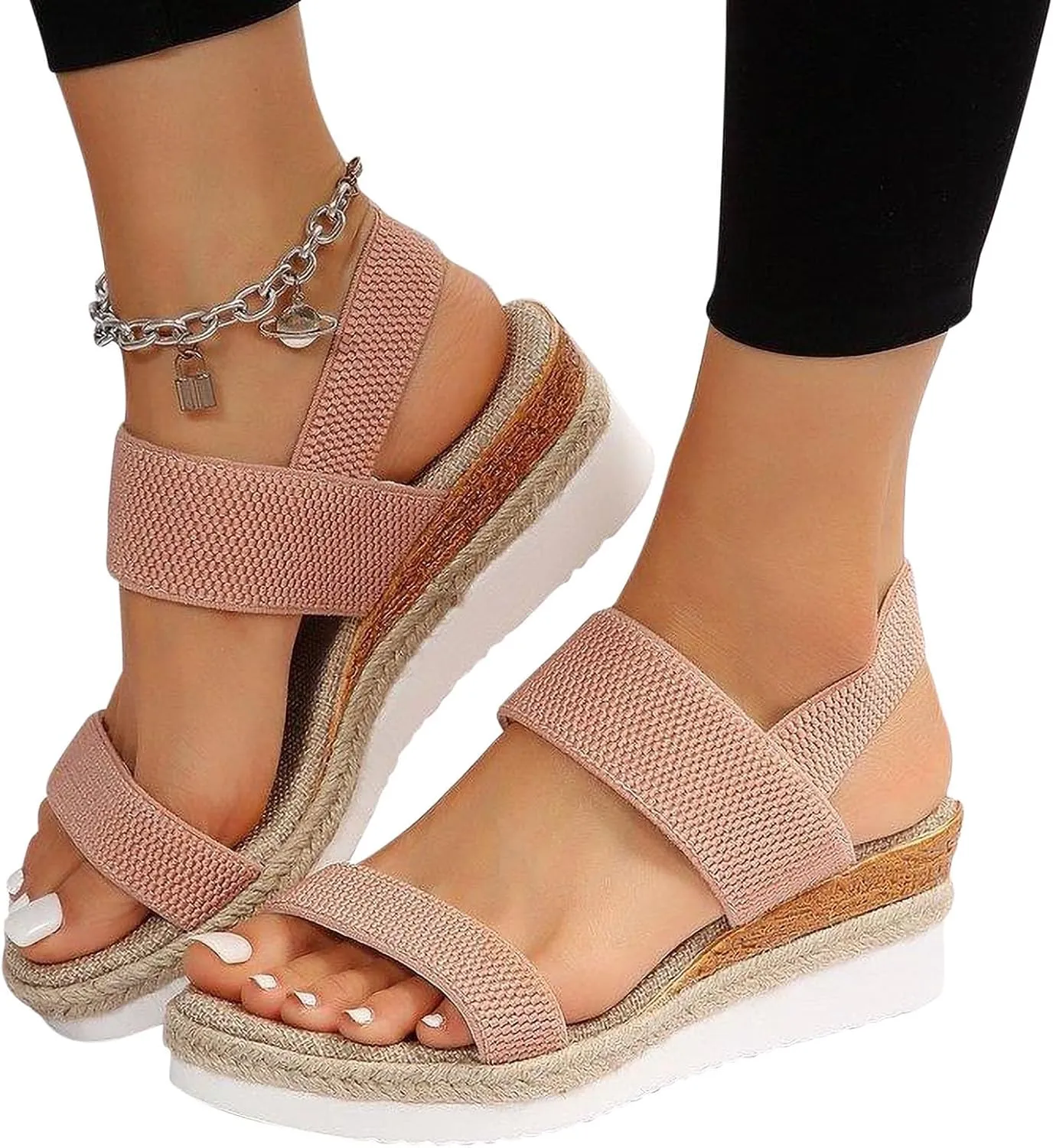 Women's Thick Strappy Wedge Sandal Stretch Ankle Strap Braided Platform Shoes Trendy Summer Spring Beach High Heel