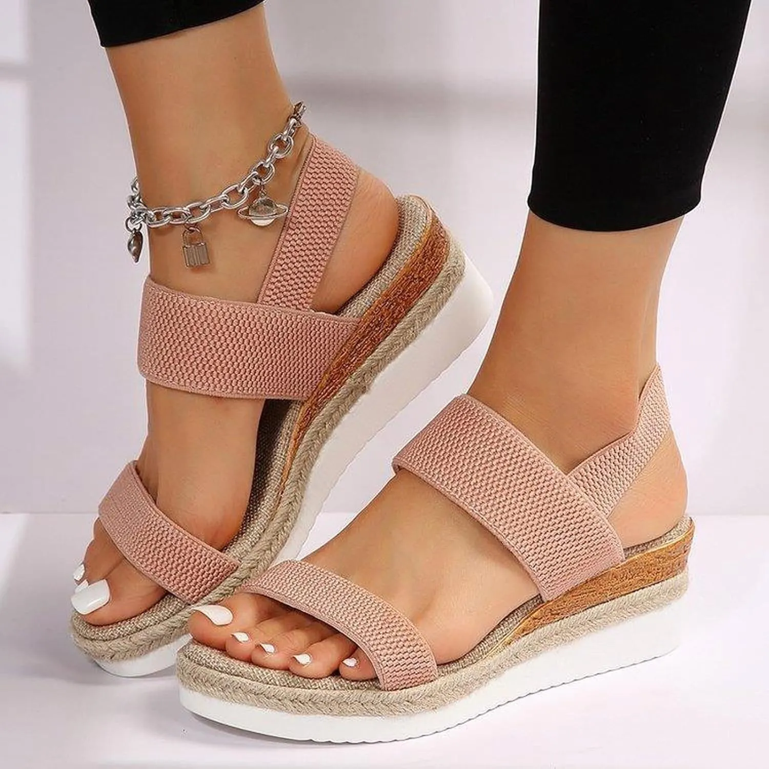 Women's Thick Strappy Wedge Sandal Stretch Ankle Strap Braided Platform Shoes Trendy Summer Spring Beach High Heel