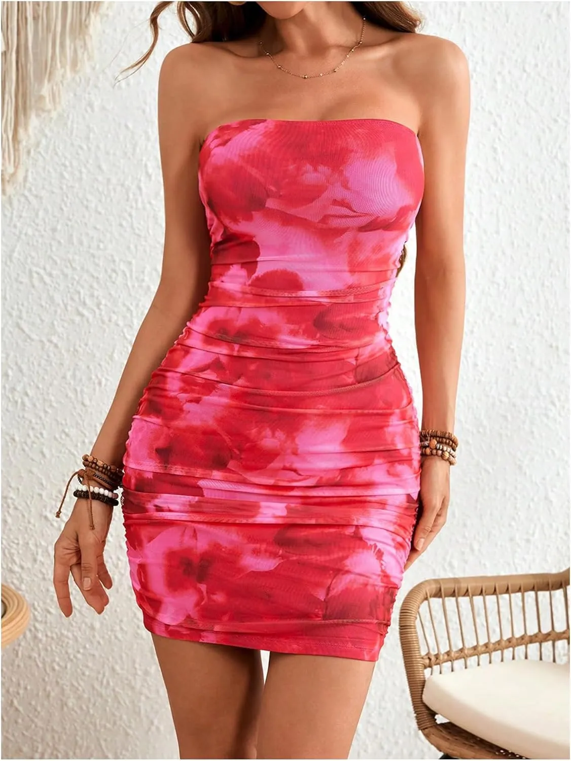 Women's Tie Dye Strapless Backless Bandeau Pencil Dress Knit Mesh Bodycon Tube Dresses Ruched Mini Dress