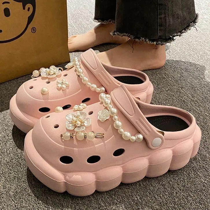 Women's Trendy Platform Clogs, Solid Color Hollow Out Non Slip Slide Shoes, Outdoor Beach Sandals
