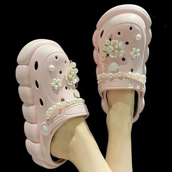 Women's Trendy Platform Clogs, Solid Color Hollow Out Non Slip Slide Shoes, Outdoor Beach Sandals