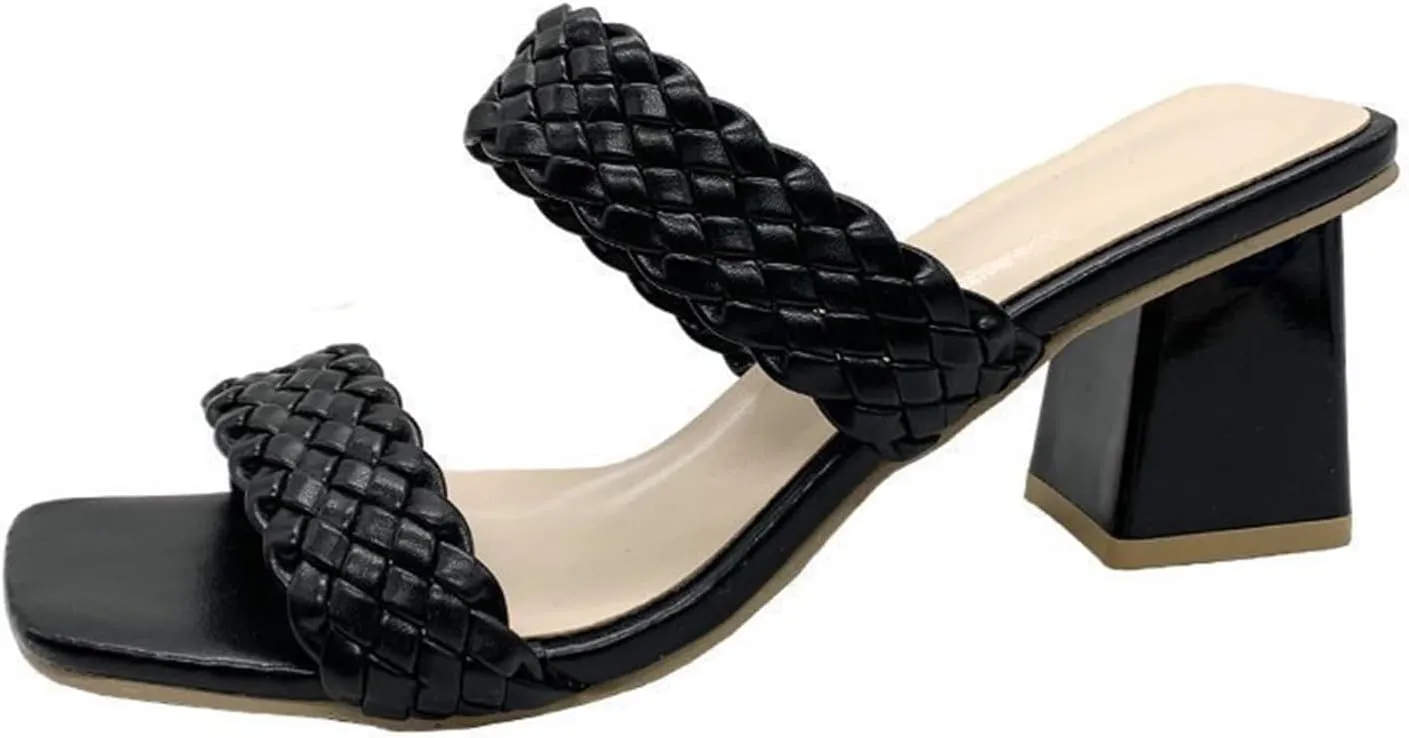 Women's Two Braided Strap High Chunky Heels For Women Slip On Open Square Toe Block Platform Heels Sandals Holiday Party Wedding Dress Pumps Shoes
