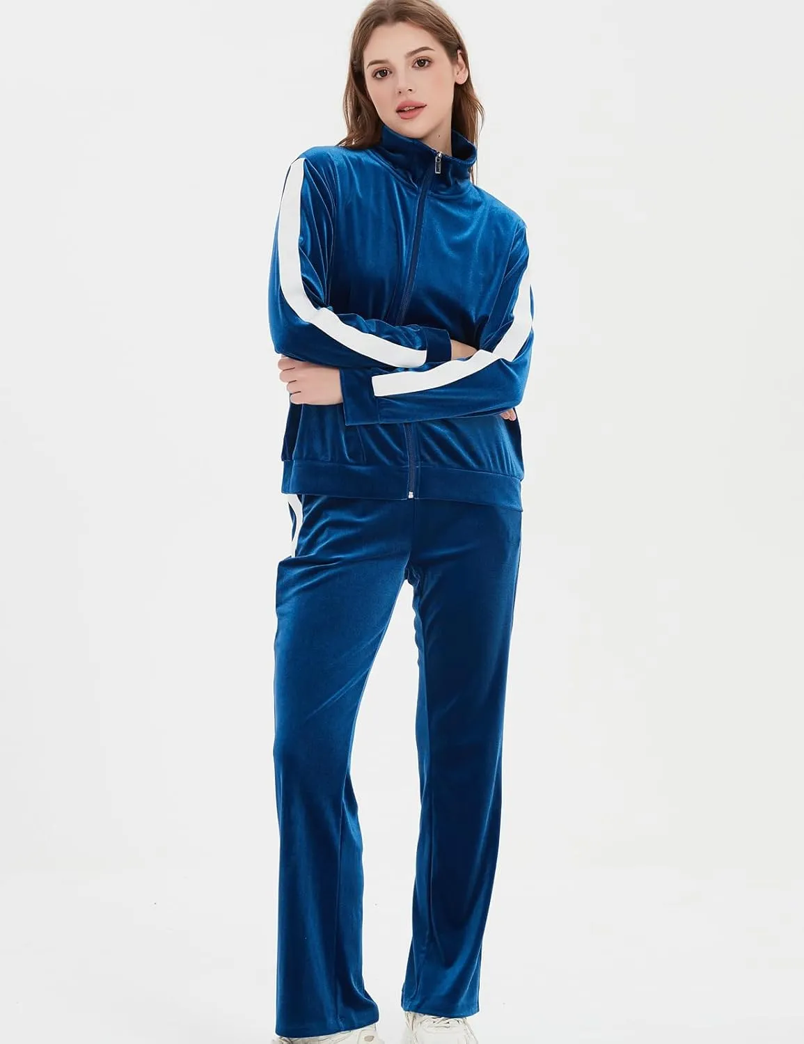 Womens Velour Tracksuits 2 Piece Long Sleeve Full Zip Velvet Sweatsuits Hoodie and Sweatpant Jogging Outfits