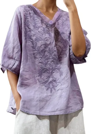 Women's Vintage Embroidery Floral Linen Tshirt Shirt Summer Half Sleeve V-Neck Tops Casual Cute Oversized Tees Blouse