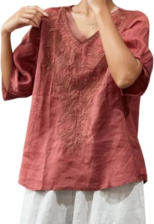 Women's Vintage Embroidery Floral Linen Tshirt Shirt Summer Half Sleeve V-Neck Tops Casual Cute Oversized Tees Blouse