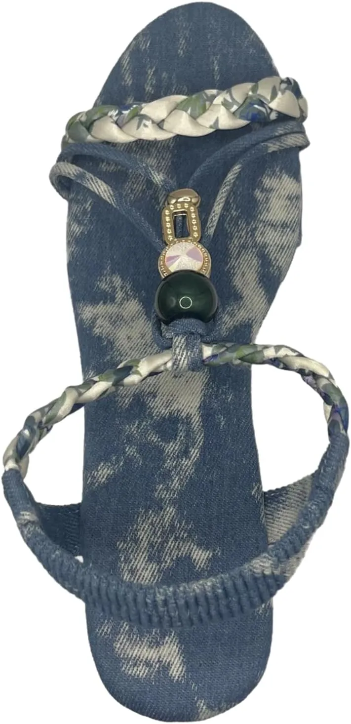 Women's Wedge Espadrille Sandals-Open Toe Platform Slip On with Denim Upper, Braided Lace Up, Tie Dye Pattern, Elastic Heel Strap, Anti Slip Sole for Summer