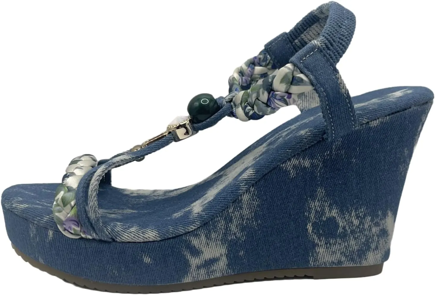Women's Wedge Espadrille Sandals-Open Toe Platform Slip On with Denim Upper, Braided Lace Up, Tie Dye Pattern, Elastic Heel Strap, Anti Slip Sole for Summer