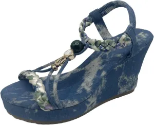 Women's Wedge Espadrille Sandals-Open Toe Platform Slip On with Denim Upper, Braided Lace Up, Tie Dye Pattern, Elastic Heel Strap, Anti Slip Sole for Summer