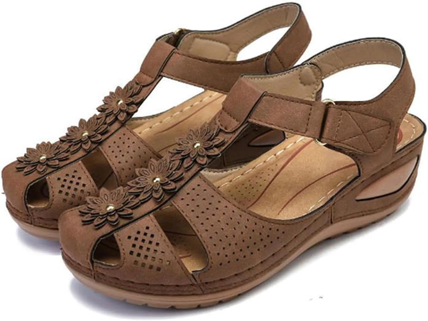 Womens Wedge Sandals Summer Closed Toe for Women Dressy Wedges Casual Hollow Out Orthopedic Shoes Comfy Bohemia Gladiator Ankle Strap Slip On Platform Sandals Comfort Orthotic Breathable Sandal