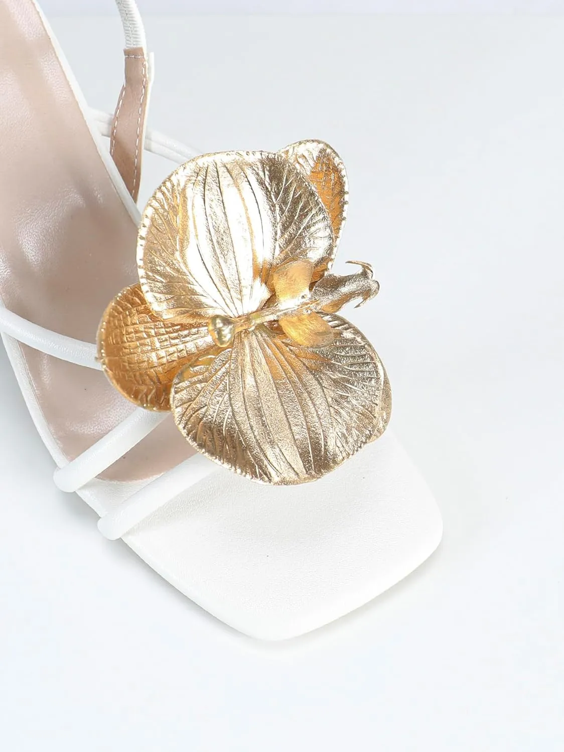 Women's White Square Toe Block Heel Sandals Triangle Hollow Design Heels with Gold Floral Embellishments Stylish Summer Footwear for Special Occasions & Casual Wear