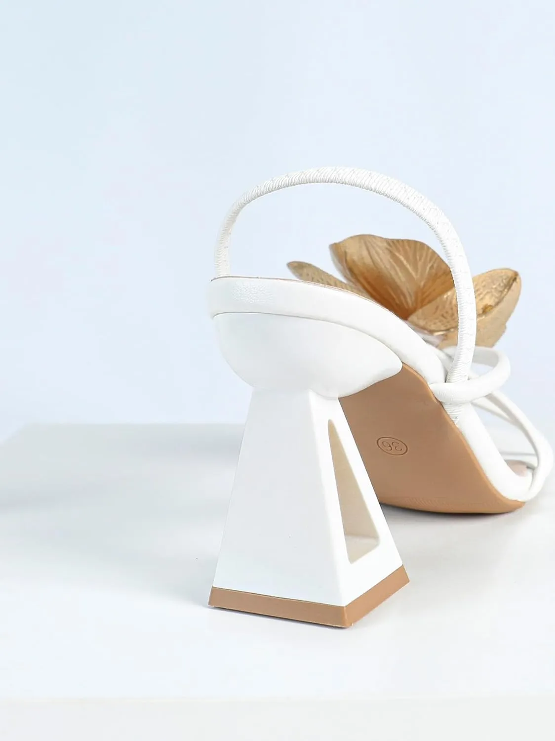 Women's White Square Toe Block Heel Sandals Triangle Hollow Design Heels with Gold Floral Embellishments Stylish Summer Footwear for Special Occasions & Casual Wear