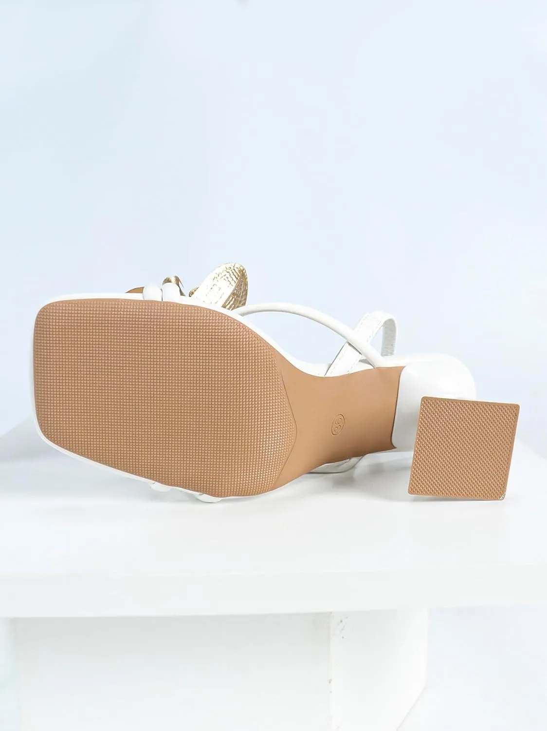 Women's White Square Toe Block Heel Sandals Triangle Hollow Design Heels with Gold Floral Embellishments Stylish Summer Footwear for Special Occasions & Casual Wear