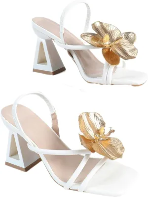 Women's White Square Toe Block Heel Sandals Triangle Hollow Design Heels with Gold Floral Embellishments Stylish Summer Footwear for Special Occasions & Casual Wear
