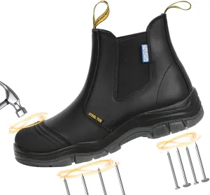 Work Boots for Men, Steel Toe, Puncture-Resistant, Pull on Chelsea Leather Safety Boots, US Size 7-15