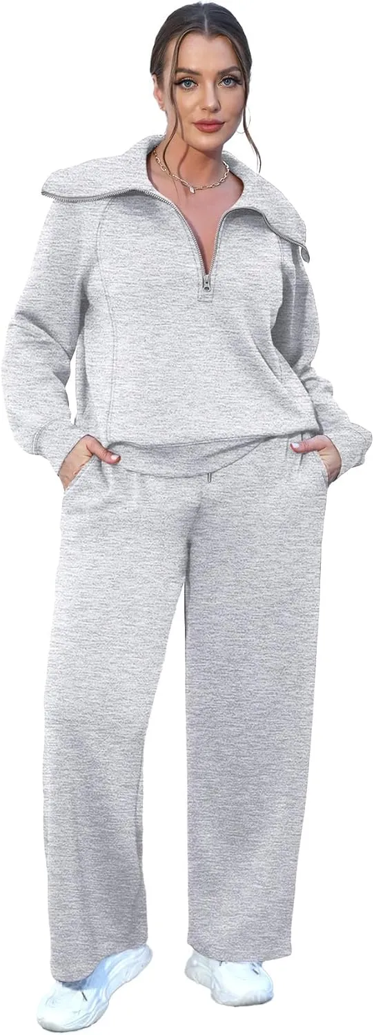 XIEERDUO Lounge Sets For Women 2024 Half Zip Sweatshirt And Wide Leg Sweatpant 2 Piece Outfits Sweatsuit Tracksuit