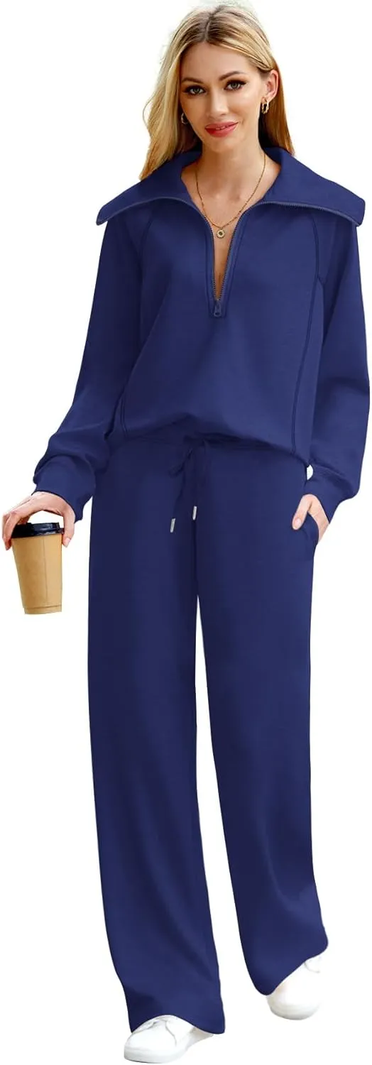 XIEERDUO Lounge Sets For Women 2024 Half Zip Sweatshirt And Wide Leg Sweatpant 2 Piece Outfits Sweatsuit Tracksuit