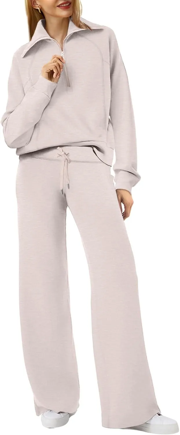 XIEERDUO Lounge Sets For Women 2024 Half Zip Sweatshirt And Wide Leg Sweatpant 2 Piece Outfits Sweatsuit Tracksuit