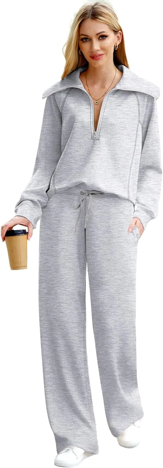 XIEERDUO Lounge Sets For Women 2024 Half Zip Sweatshirt And Wide Leg Sweatpant 2 Piece Outfits Sweatsuit Tracksuit