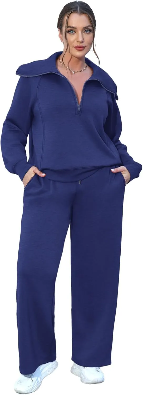 XIEERDUO Lounge Sets For Women 2024 Half Zip Sweatshirt And Wide Leg Sweatpant 2 Piece Outfits Sweatsuit Tracksuit