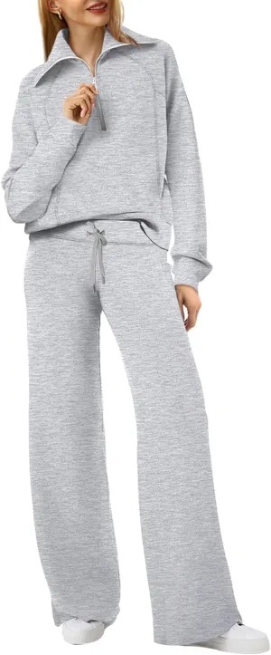 XIEERDUO Lounge Sets For Women 2024 Half Zip Sweatshirt And Wide Leg Sweatpant 2 Piece Outfits Sweatsuit Tracksuit