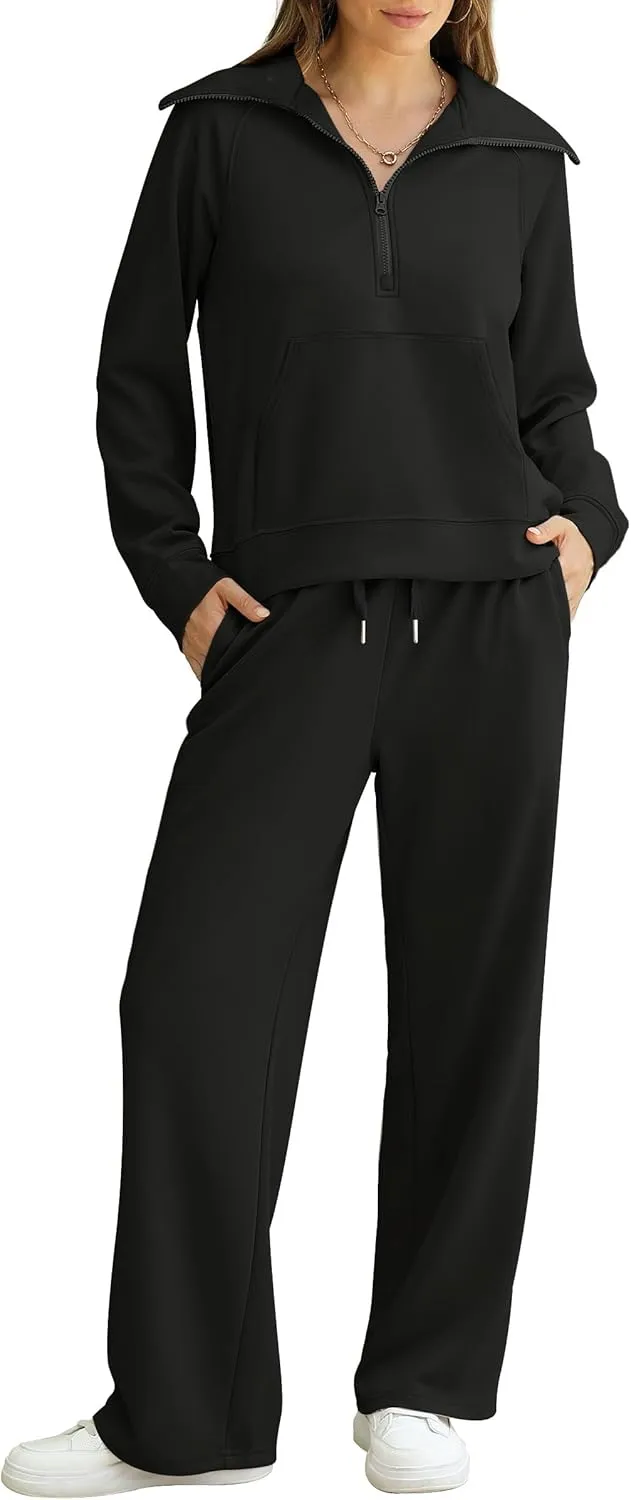 XIEERDUO Lounge Sets For Women 2024 Half Zip Sweatshirt And Wide Leg Sweatpant 2 Piece Outfits Sweatsuit Tracksuit