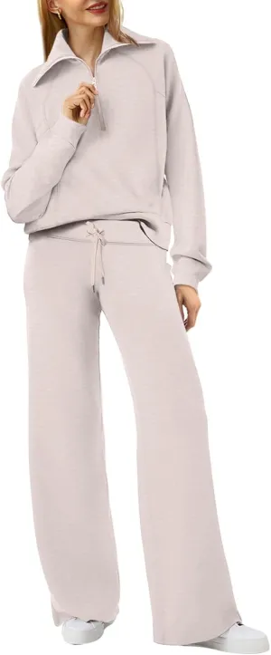 XIEERDUO Lounge Sets For Women 2024 Half Zip Sweatshirt And Wide Leg Sweatpant 2 Piece Outfits Sweatsuit Tracksuit