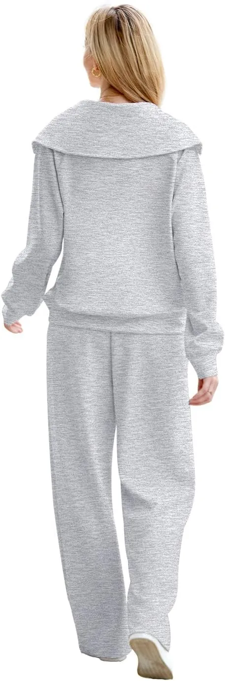 XIEERDUO Lounge Sets For Women 2024 Half Zip Sweatshirt And Wide Leg Sweatpant 2 Piece Outfits Sweatsuit Tracksuit