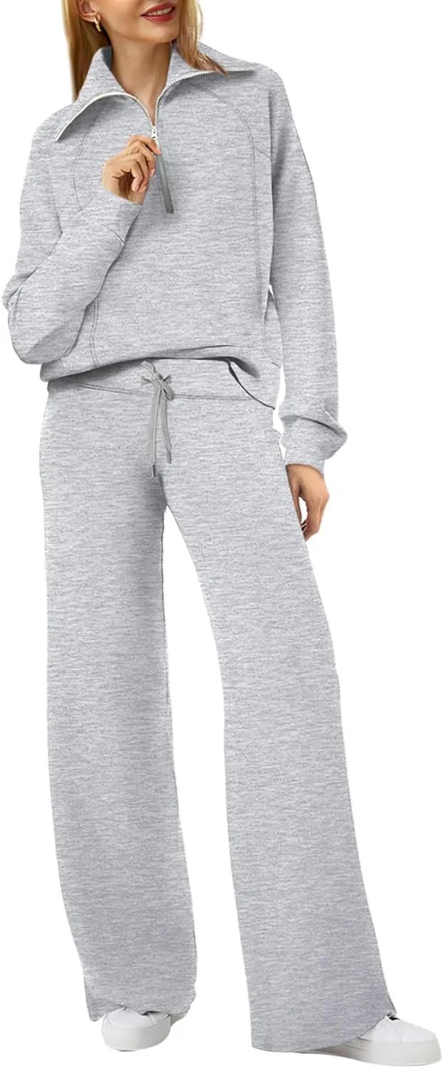 XIEERDUO Lounge Sets For Women 2024 Half Zip Sweatshirt And Wide Leg Sweatpant 2 Piece Outfits Sweatsuit Tracksuit