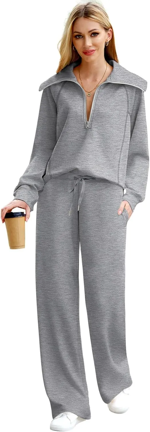 XIEERDUO Lounge Sets For Women 2024 Half Zip Sweatshirt And Wide Leg Sweatpant 2 Piece Outfits Sweatsuit Tracksuit