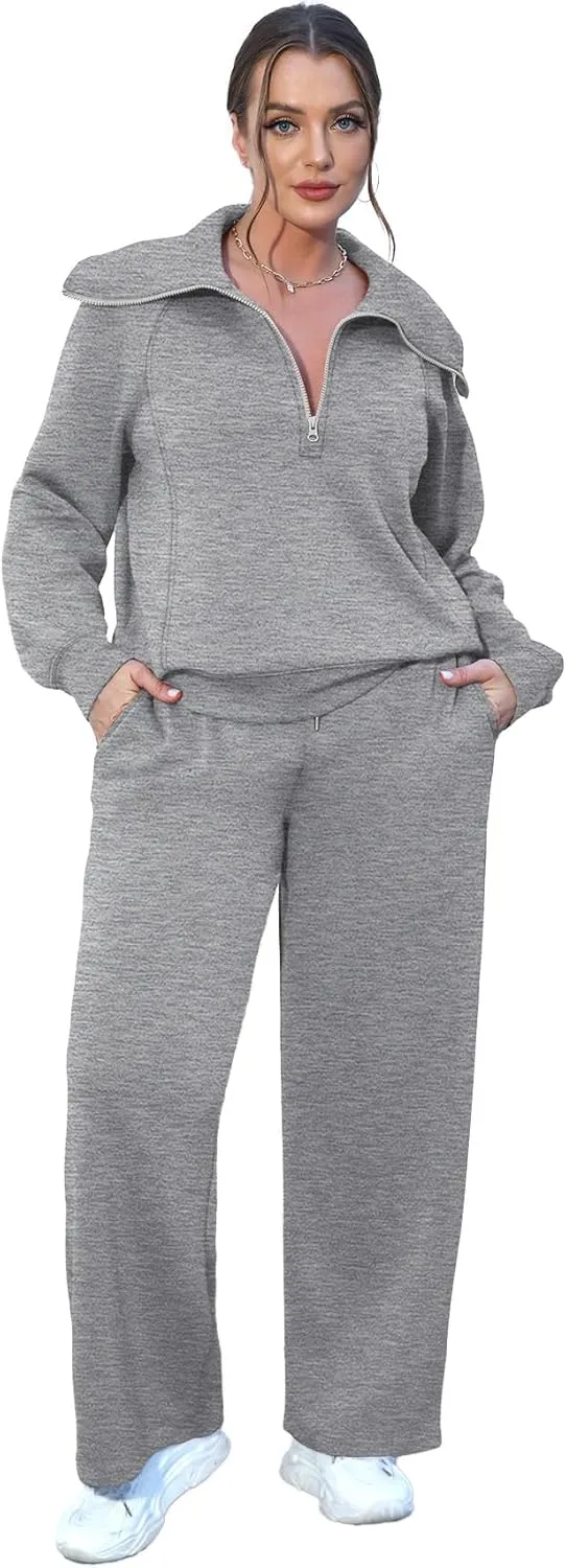 XIEERDUO Lounge Sets For Women 2024 Half Zip Sweatshirt And Wide Leg Sweatpant 2 Piece Outfits Sweatsuit Tracksuit
