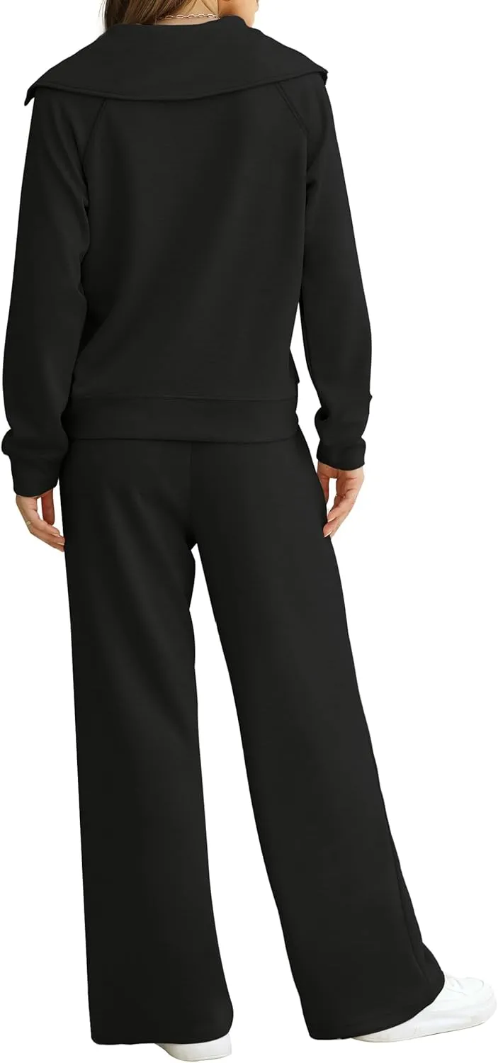 XIEERDUO Lounge Sets For Women 2024 Half Zip Sweatshirt And Wide Leg Sweatpant 2 Piece Outfits Sweatsuit Tracksuit