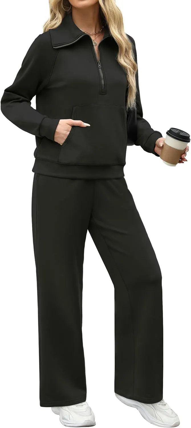 XIEERDUO Lounge Sets For Women 2024 Half Zip Sweatshirt And Wide Leg Sweatpant 2 Piece Outfits Sweatsuit Tracksuit