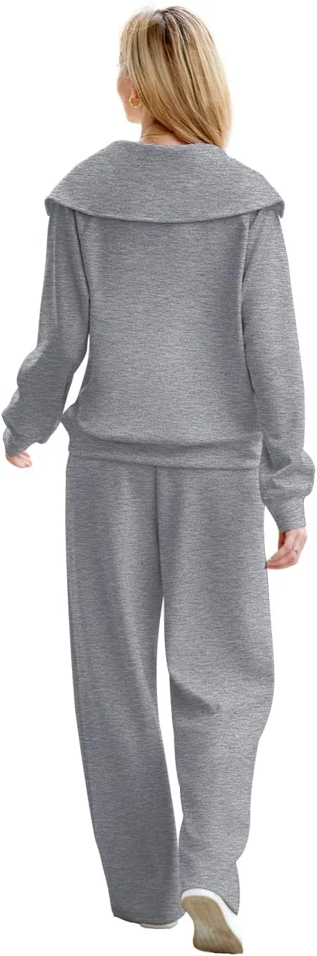 XIEERDUO Lounge Sets For Women 2024 Half Zip Sweatshirt And Wide Leg Sweatpant 2 Piece Outfits Sweatsuit Tracksuit