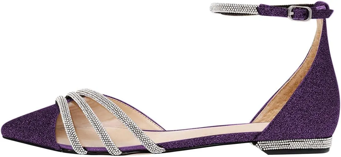 XYD Women Clear Pointed Toe D'Orsay Wedding Flat Sandals Glitter Rhinestones Ankle Strap Low Heel Dressy Bridal Shoes with Buckle