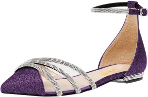 XYD Women Clear Pointed Toe D'Orsay Wedding Flat Sandals Glitter Rhinestones Ankle Strap Low Heel Dressy Bridal Shoes with Buckle