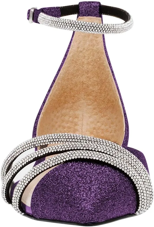XYD Women Clear Pointed Toe D'Orsay Wedding Flat Sandals Glitter Rhinestones Ankle Strap Low Heel Dressy Bridal Shoes with Buckle