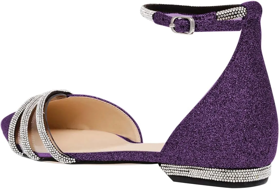XYD Women Clear Pointed Toe D'Orsay Wedding Flat Sandals Glitter Rhinestones Ankle Strap Low Heel Dressy Bridal Shoes with Buckle