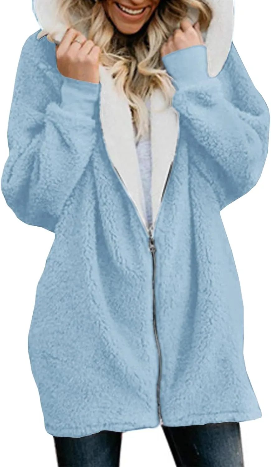 Yanekop Womens Oversized Sherpa Jacket Fuzzy Fleece Jackets Zip Up Outerwear Sweater Coat with Hood