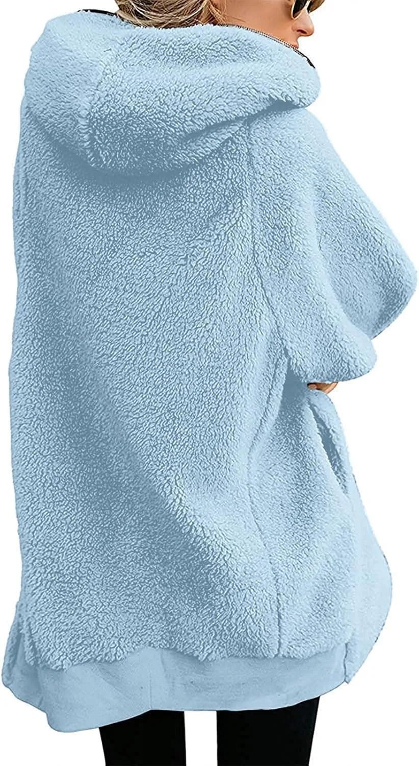 Yanekop Womens Oversized Sherpa Jacket Fuzzy Fleece Jackets Zip Up Outerwear Sweater Coat with Hood