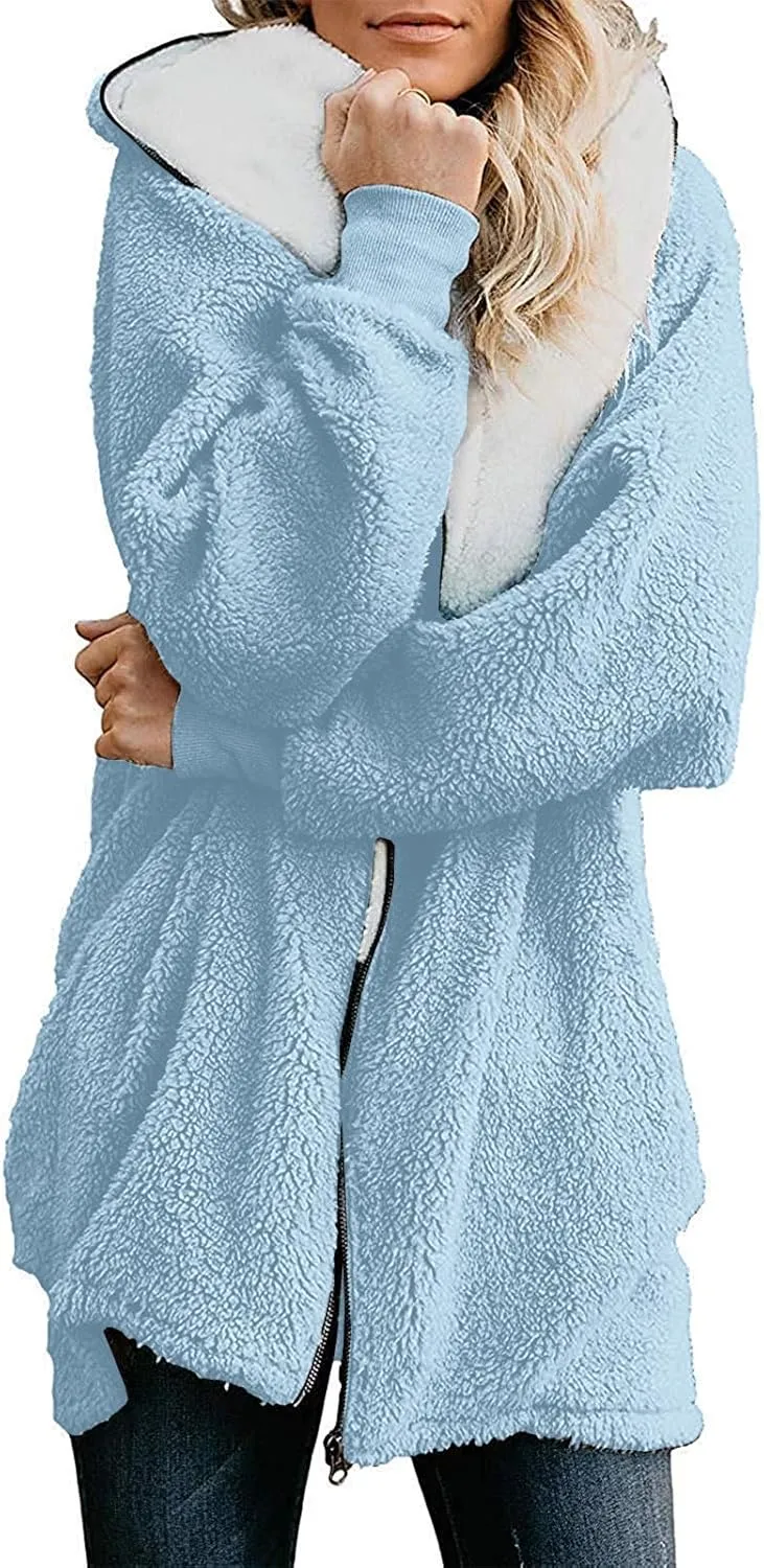 Yanekop Womens Oversized Sherpa Jacket Fuzzy Fleece Jackets Zip Up Outerwear Sweater Coat with Hood